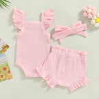 Lioraitiin 0-18M Toddler Girls 3Pcs Fly Sleeve Solid Romper Tops