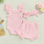 Lioraitiin 0-18M Toddler Girls 3Pcs Fly Sleeve Solid Romper Tops