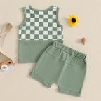 Lioraitiin Toddler Boys Outfits Checkerboard Patchwork Round Neck