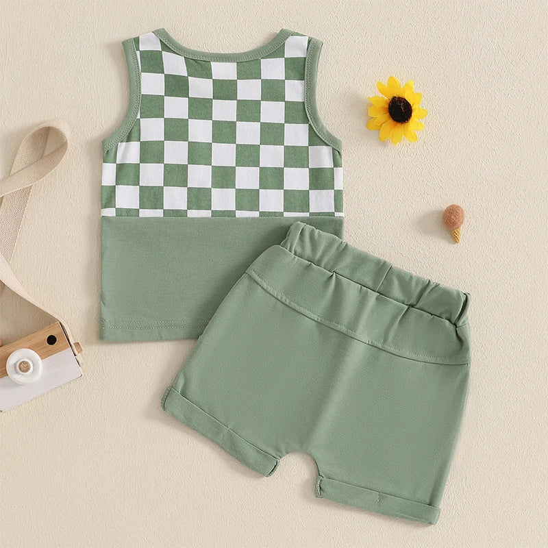Lioraitiin Toddler Boys Outfits Checkerboard Patchwork Round Neck