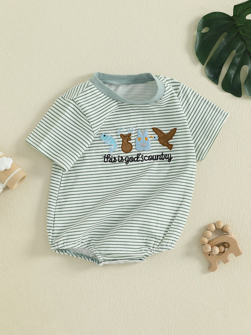 Lioraitiin Baby Boys Rompers Letter Animals Embroidery Stripe O-Neck