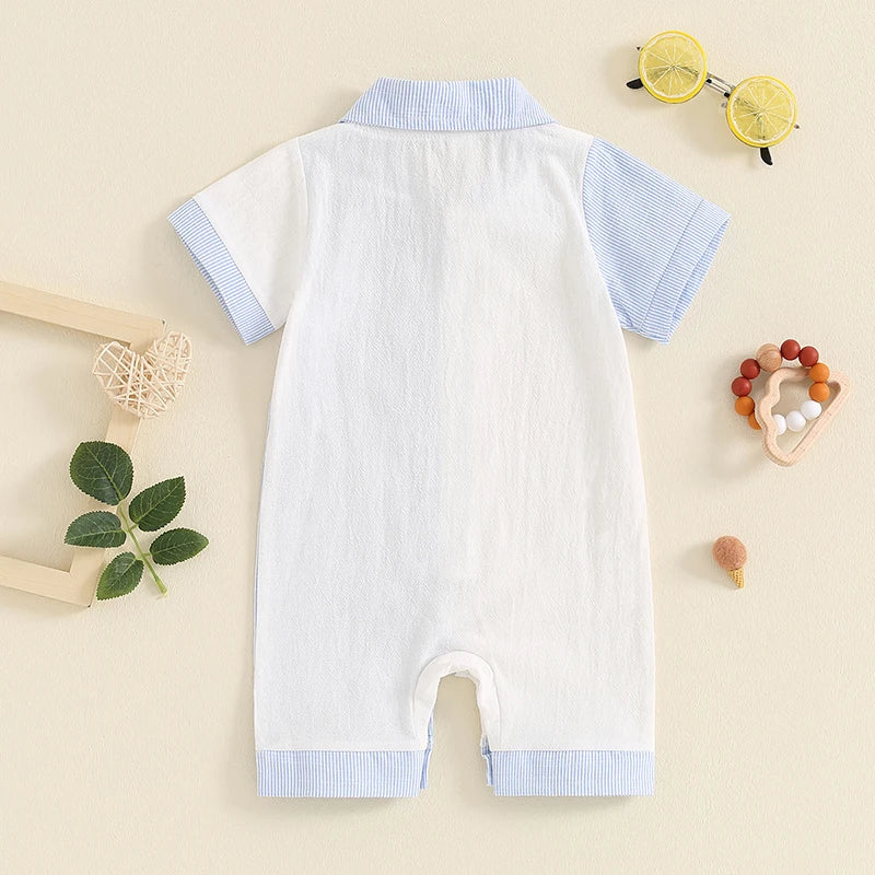 Lioraitiin Baby Boy Jumpsuit Short Sleeve Lapel Collar Stripes Print