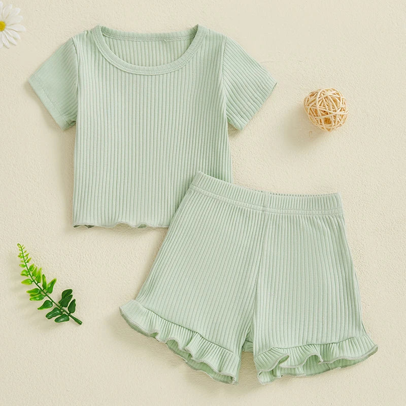 Lioraitiin Toddler Baby Girl Ribbed Outfit Solid Color Short Sleeve