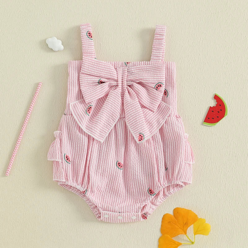 Baby Girl Romper Loose Fit Bow Design Watermelon Print Striped