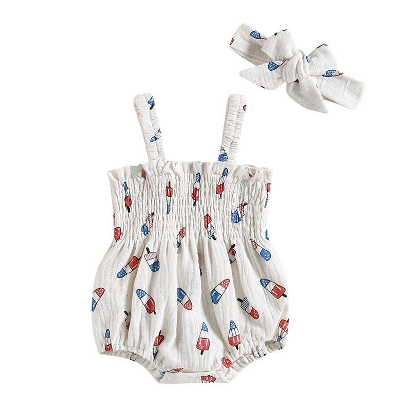 Lioraitiin 0-18M Independence Day Baby Girl Jumpsuit Set Ice Cream
