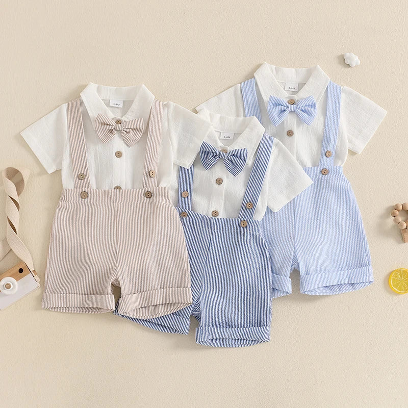 Lioraitiin Baby Boy Gentleman Outfit Solid Color Short Sleeve Lapel