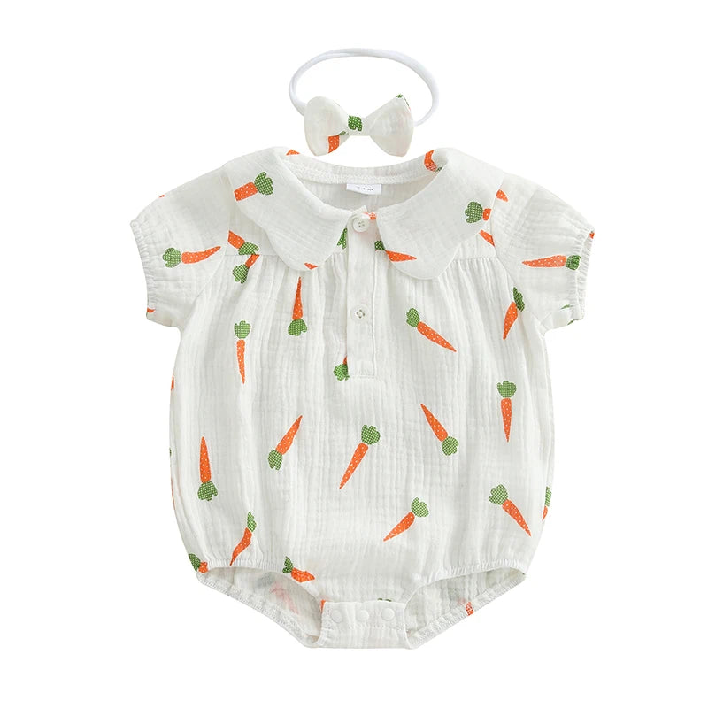 Lioraitiin Baby Girls Rompers Easter Carrot Print Doll Collar Short