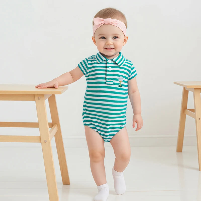 Lioraitiin Baby Boy Romper Short Sleeve Lapel Collar Stripes Print