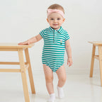 Lioraitiin Baby Boy Romper Short Sleeve Lapel Collar Stripes Print