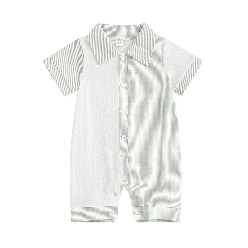 Lioraitiin Baby Boy Jumpsuit Short Sleeve Lapel Collar Stripes Print