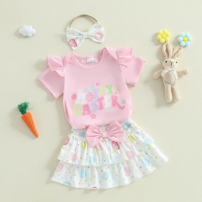 Lioraitiin Baby Girl Easter Outfits Short Sleeve Romper + Tiered