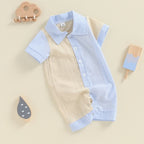 Lioraitiin Baby Boy Jumpsuit Short Sleeve Lapel Collar Stripes Print