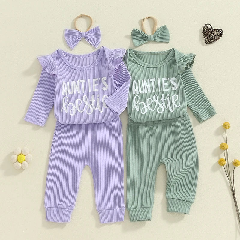 Lioraitiin Baby Girls Ribbed Set Letter Print Long Sleeve Round Neck