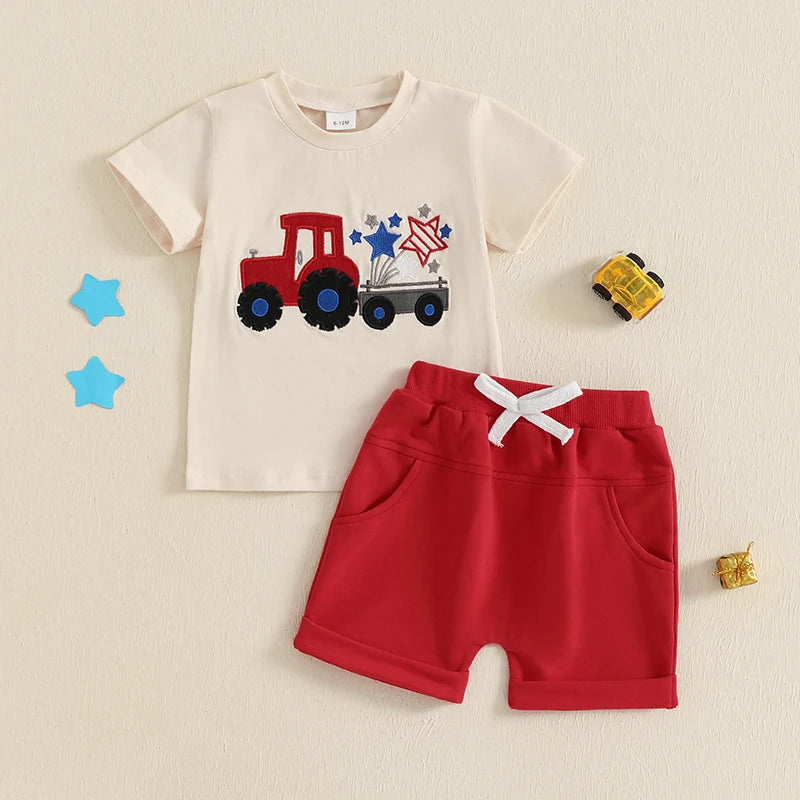 Lioraitiin Toddler Baby Boy 4th of July Outfit Star Truck Embroidery