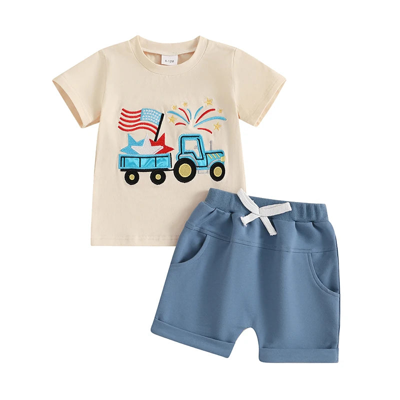 Lioraitiin Toddler Baby Boy 4th of July Outfit Star Truck Embroidery