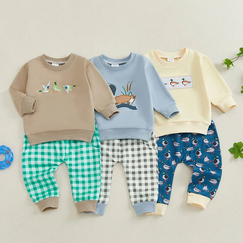 Lioraitiin Toddler Baby Boy Girl Duck Long Sleeve Sweatshirt Plaid