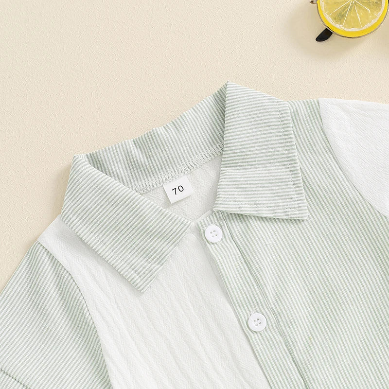 Lioraitiin Baby Boy Jumpsuit Short Sleeve Lapel Collar Stripes Print