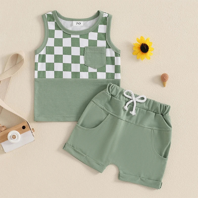 Lioraitiin Toddler Boys Outfits Checkerboard Patchwork Round Neck