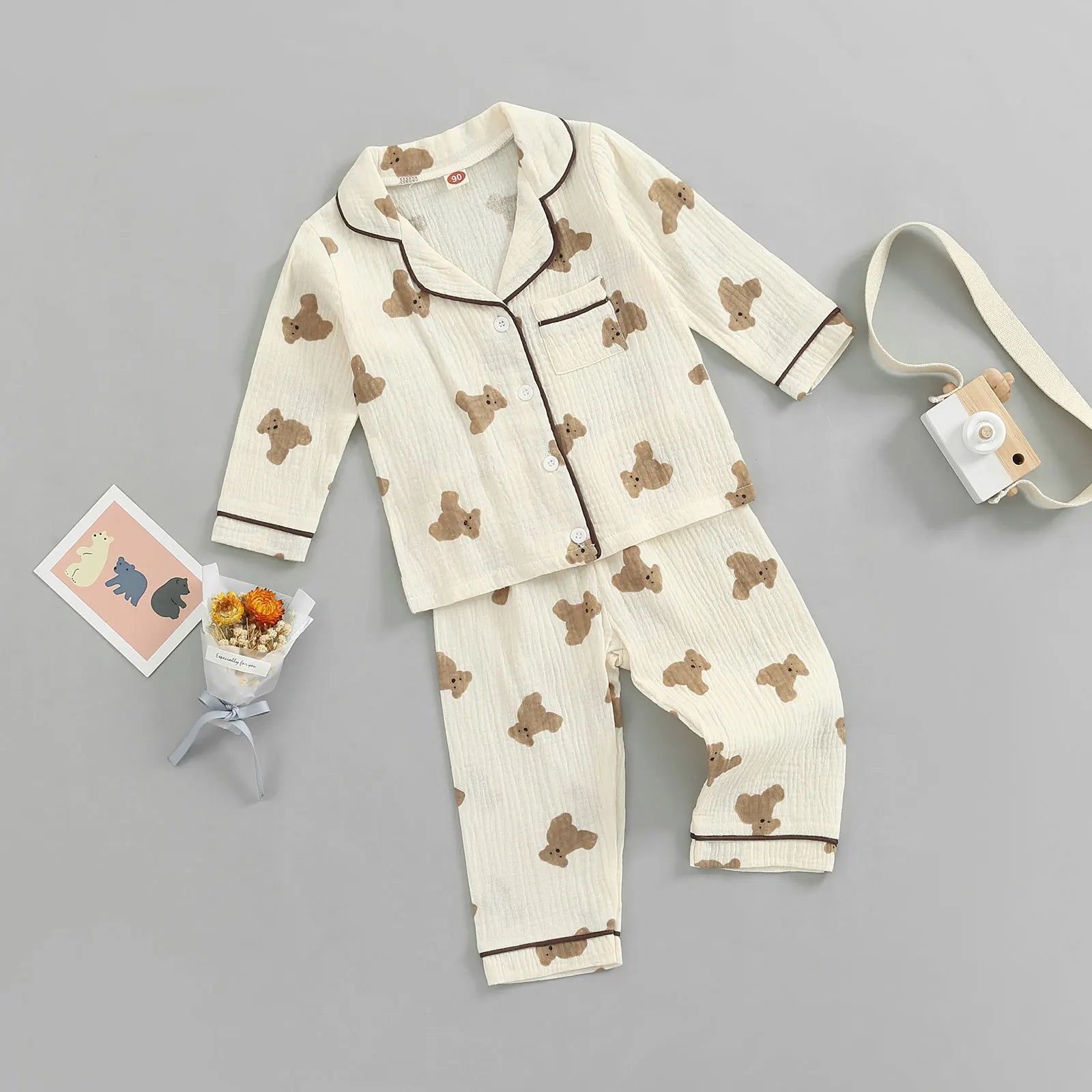 Lioraitiin 0-6Years Kids Unisex Pajama Suit Bear Printed Long Sleeve