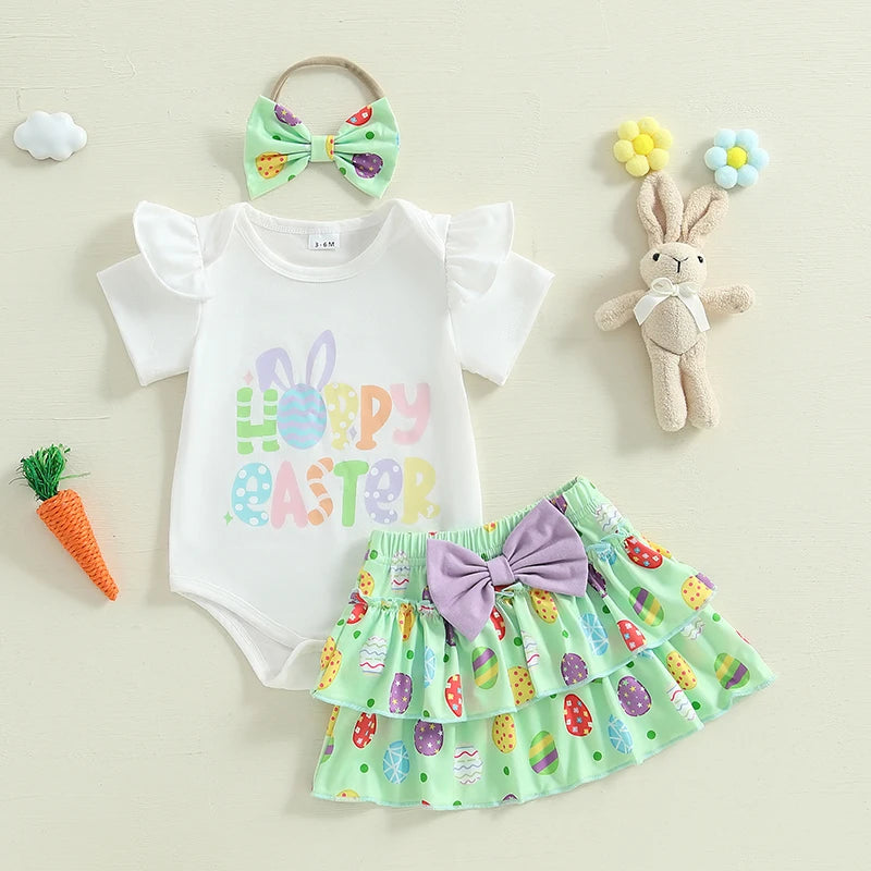 Lioraitiin Baby Girl Easter Outfits Short Sleeve Romper + Tiered