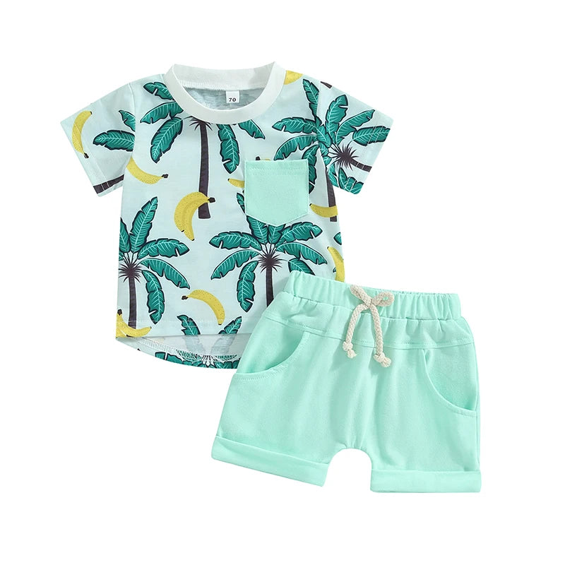 Lioraitiin 0-3Years Toddler Baby Boy 2Pcs Beach Tree Print Short