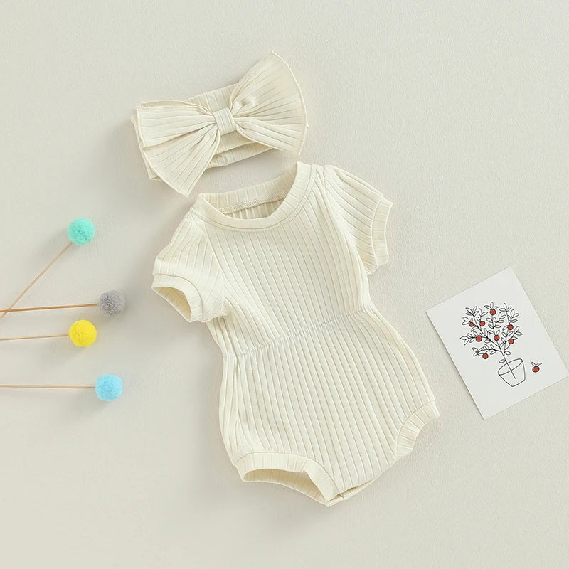 Lioraitiin Baby Girl Outfits Solid Color Short Sleeve Romper With Bow