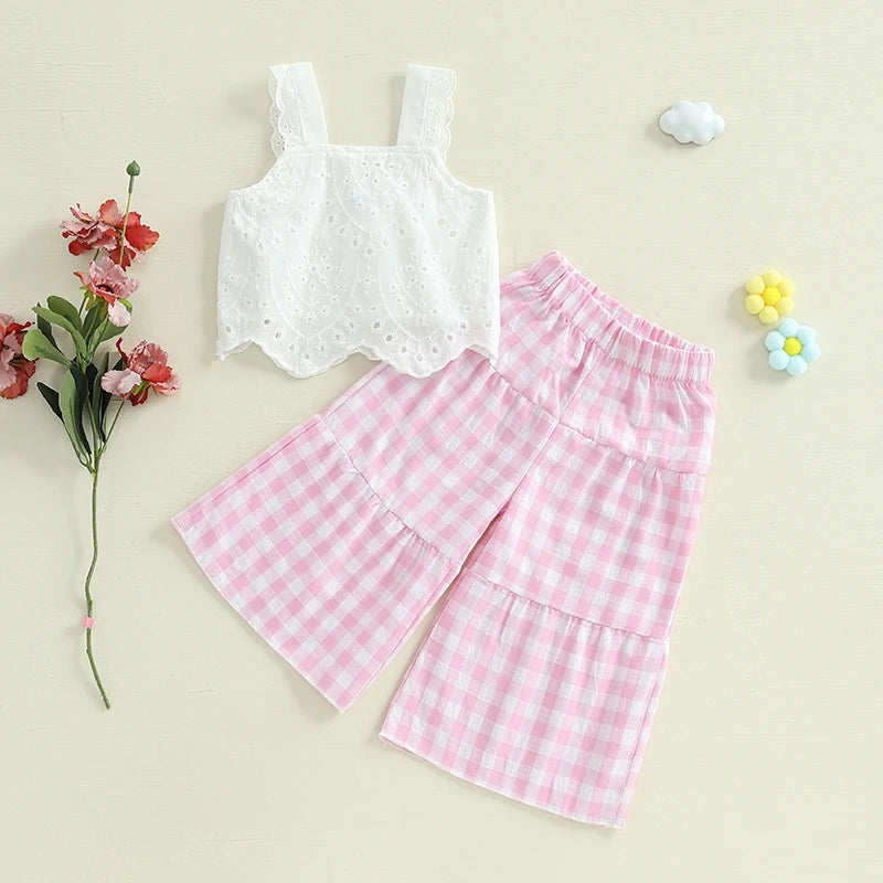 Lioraitiin Toddler Girl Eyelet Embroidery Cami Tops+Elastic Waist