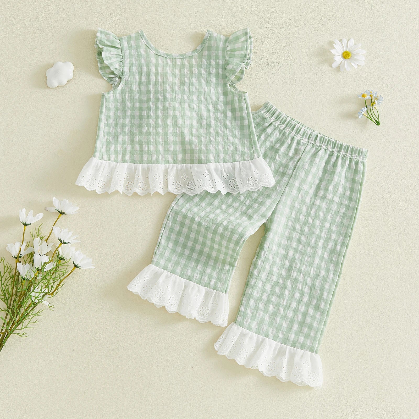 Lioraitiin 2Pcs Toddler Girls Outfits Flying Sleeve Crew Neck Plaid