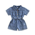 Toddler Girls Denim Overalls Shorts Short Sleeves Turn Down Collar