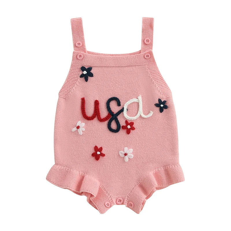 Lioraitiin Baby Girl Knit Overalls Floral Letter Embroidery