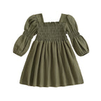 Lioraitiin Toddler Girl Bubble Sleeve Dress Stylish Solid Smocked