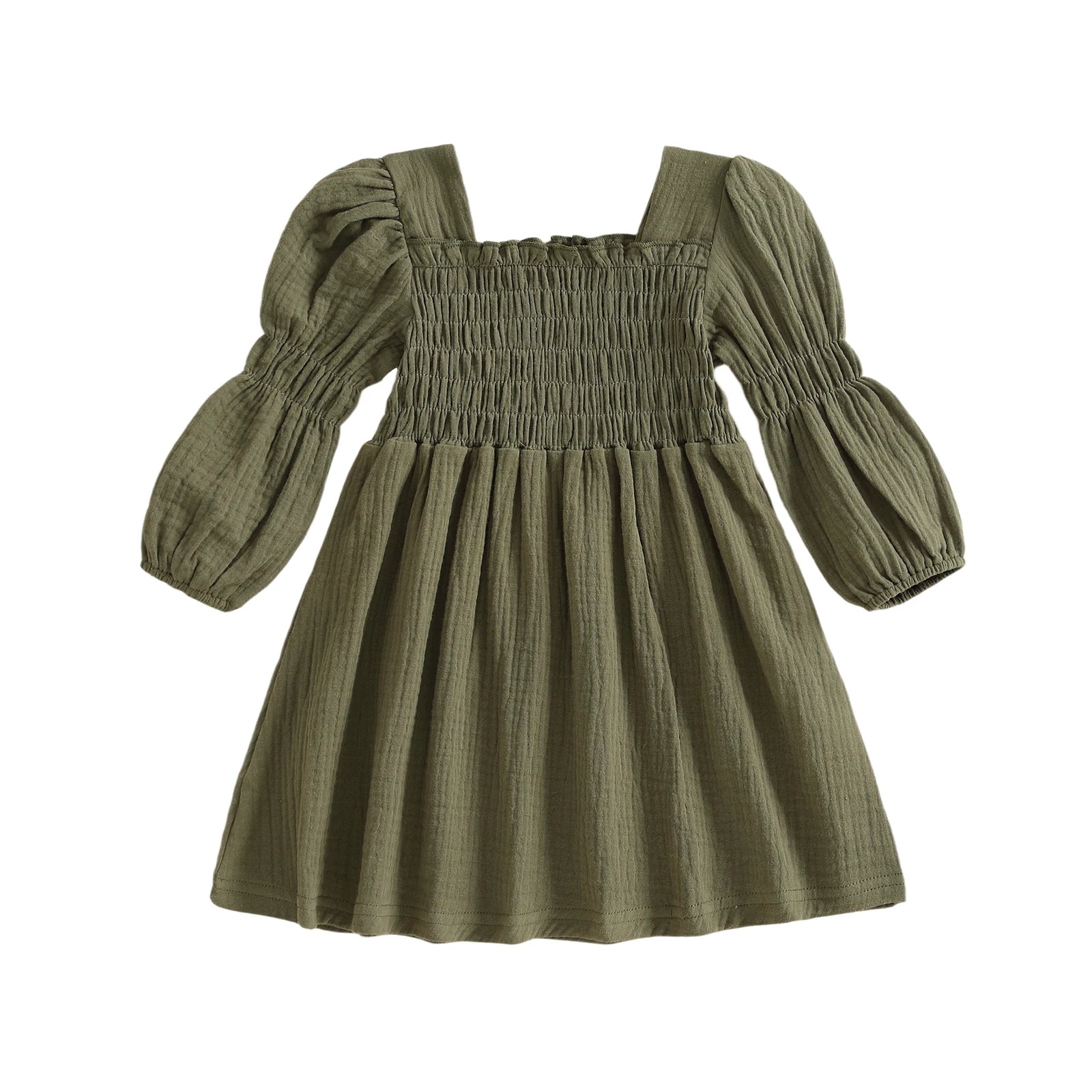 Lioraitiin Toddler Girl Bubble Sleeve Dress Stylish Solid Smocked