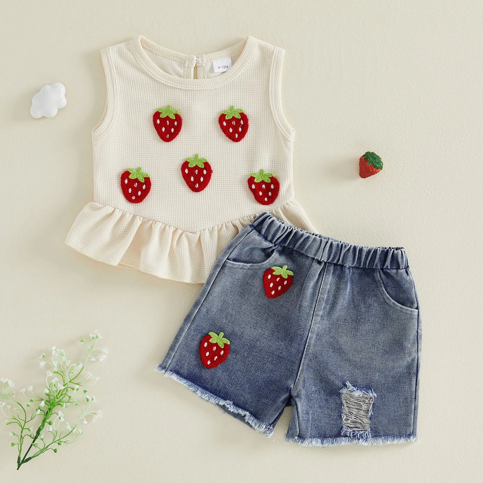 Baby Girls Outfits Floral Strawberry Patch Tank Tops and Ripped Denim