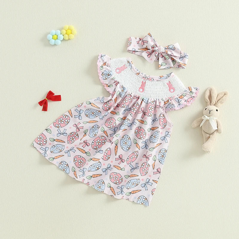 Lioraitiin Toddler Girls Dress Rabbit/Easter Eggs Print Fly Sleeve