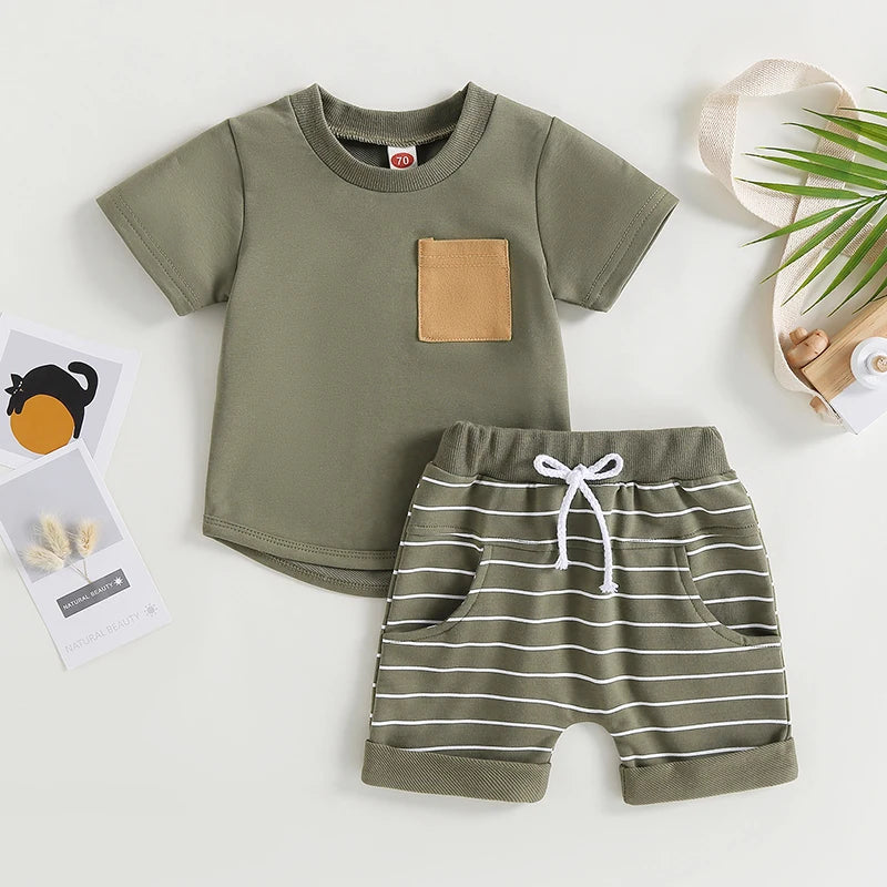 Lioraitiin 0-4Years Baby Kids Boys 2Pcs Set Short Sleeve Crew Neck