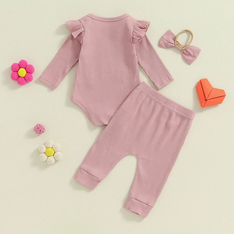 Lioraitiin Baby Girls Ribbed Set Letter Print Long Sleeve Round Neck