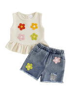 Baby Girls Outfits Floral Strawberry Patch Tank Tops and Ripped Denim