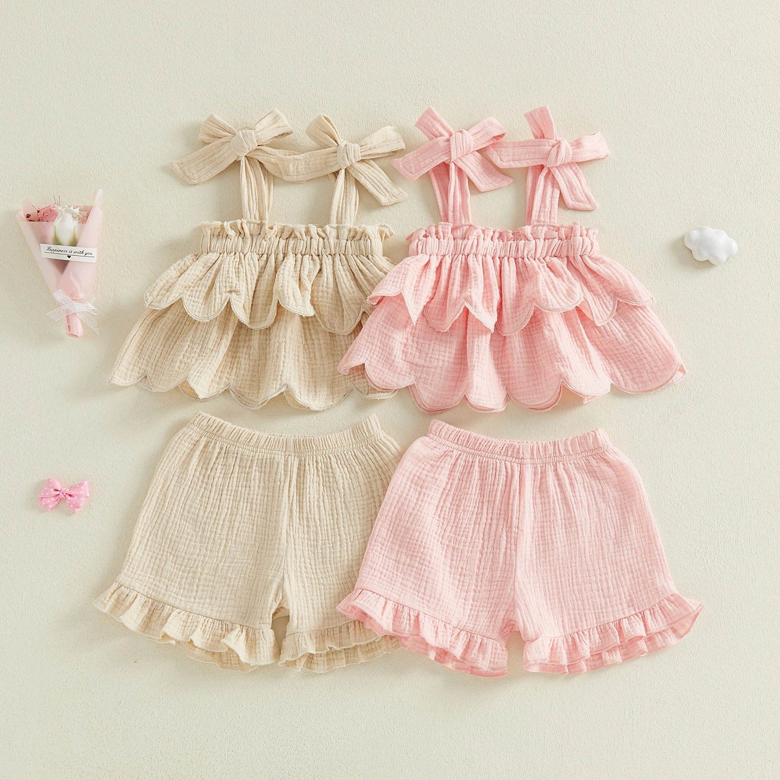 Lioraitiin Girls 2 Piece Outfits Solid Color Sleeveless Tiered Tops
