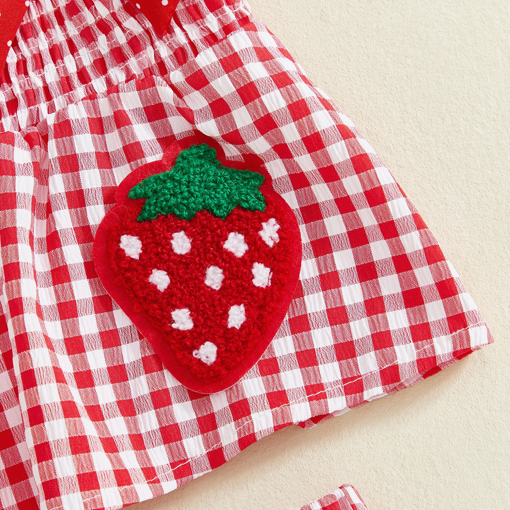 Lioraitiin Toddler Baby Girl Outfit Strawberry Embroidered Plaid Bows