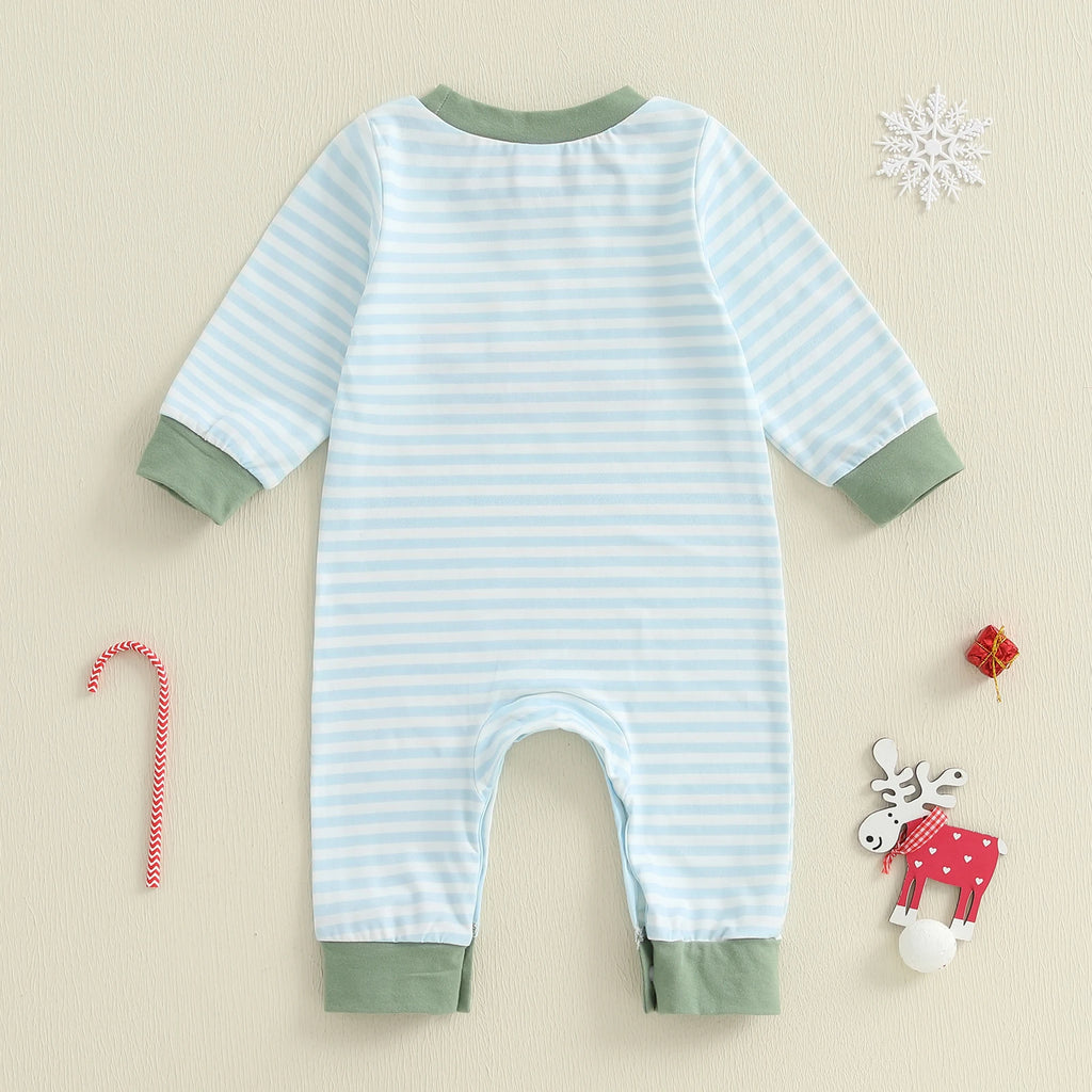 Lioraitiin Baby Boy Romper Embroidered Striped Crew Neck Long Sleeve