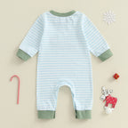Lioraitiin Baby Boy Romper Embroidered Striped Crew Neck Long Sleeve