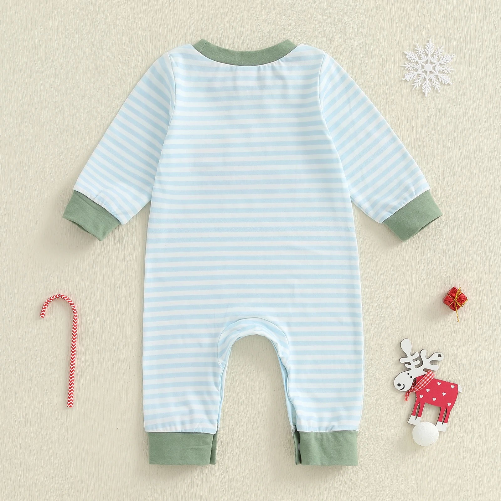 Lioraitiin Baby Boy Romper Embroidered Striped Crew Neck Long Sleeve