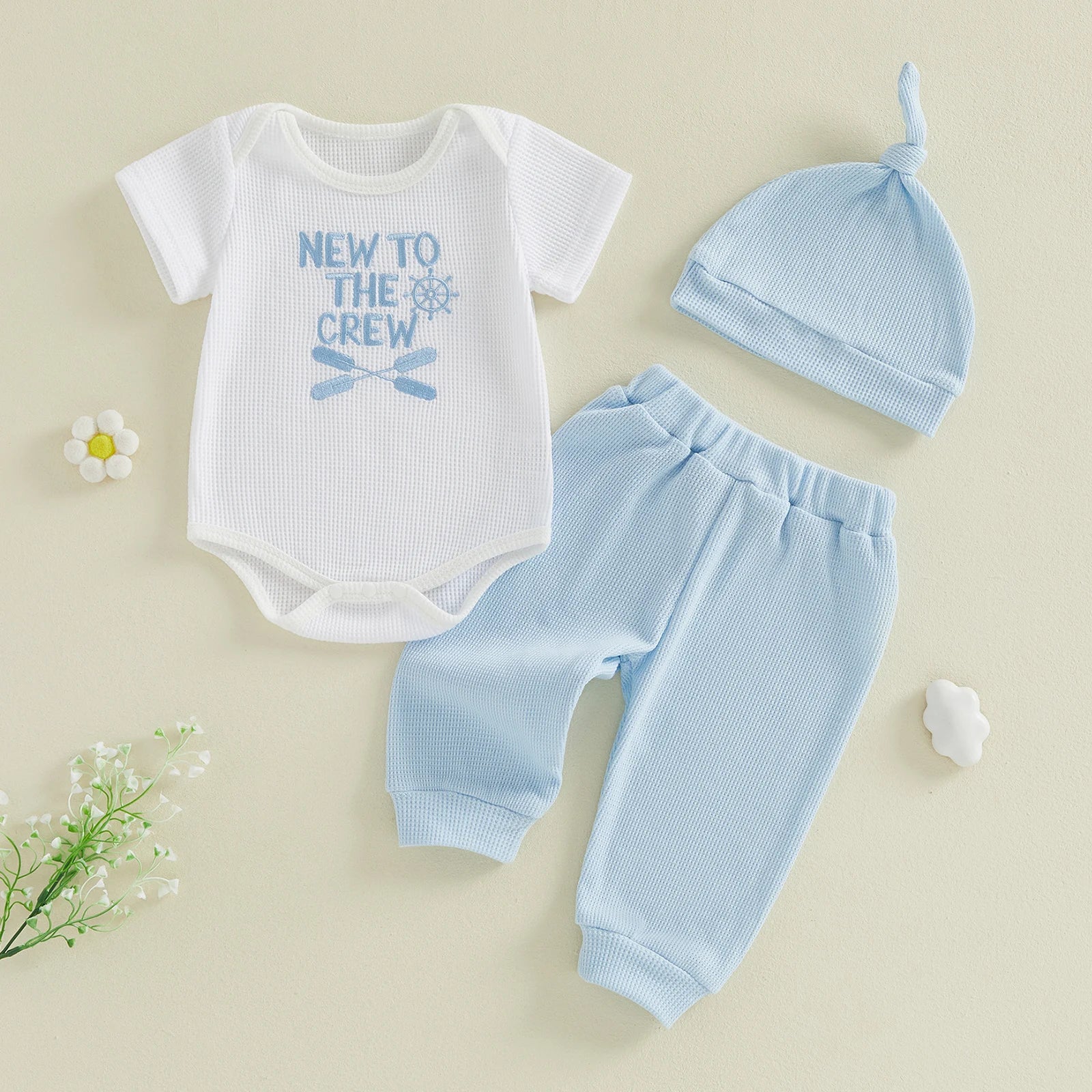 Baby Boys Outfits Letter Embroidery Round Neck Short Sleeve Waffle