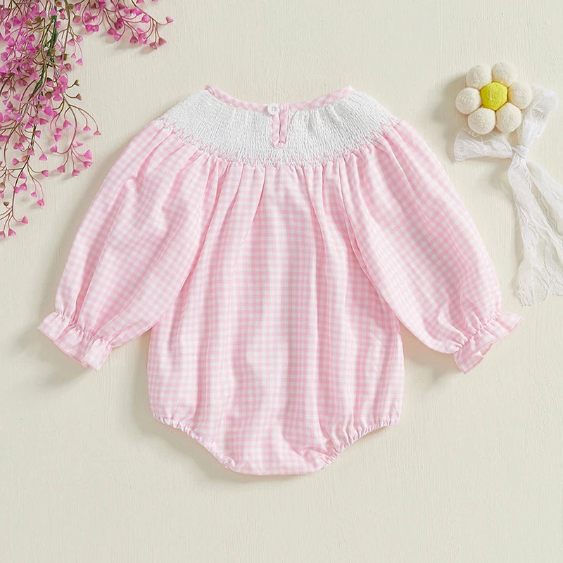 Newborn Baby Girls Cute Romper Bow Embroidery Plaid Long Sleeve