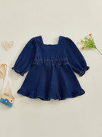Lioraitiin Toddler Baby Girl Denim Dress Long Puff Sleeve Button Down