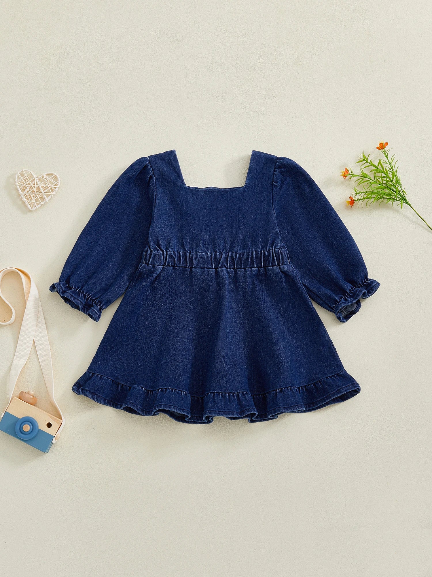 Lioraitiin Toddler Baby Girl Denim Dress Long Puff Sleeve Button Down