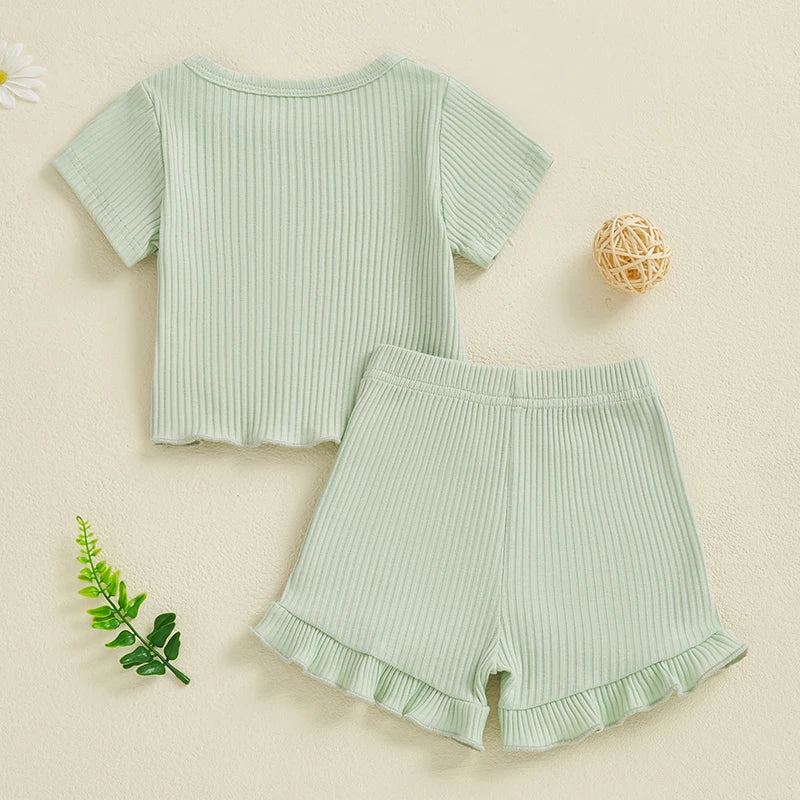 Lioraitiin Toddler Baby Girl Ribbed Outfit Solid Color Short Sleeve