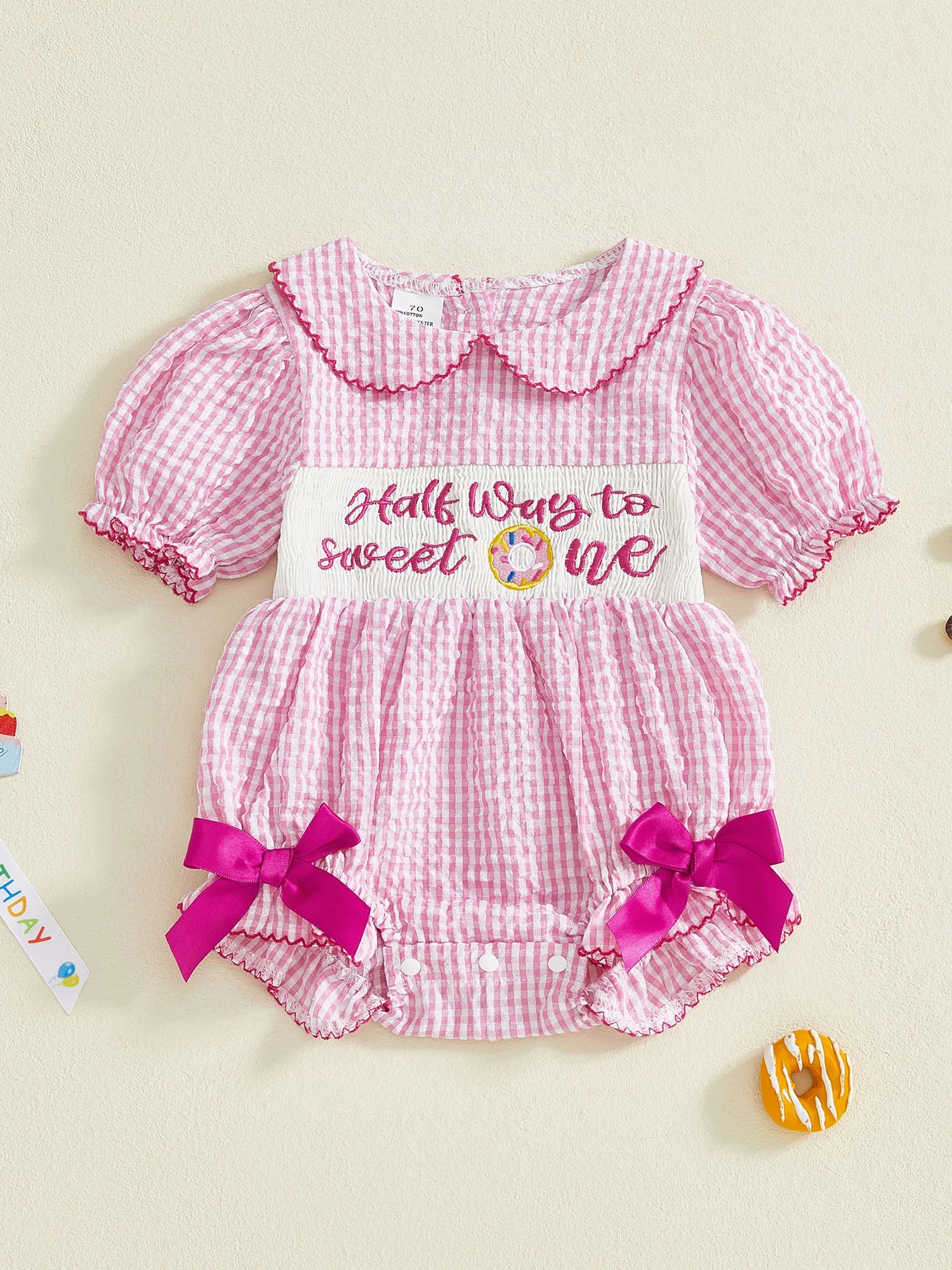 Lioraitiin Baby Girls Birthday Romper Plaid Print Letter Donut