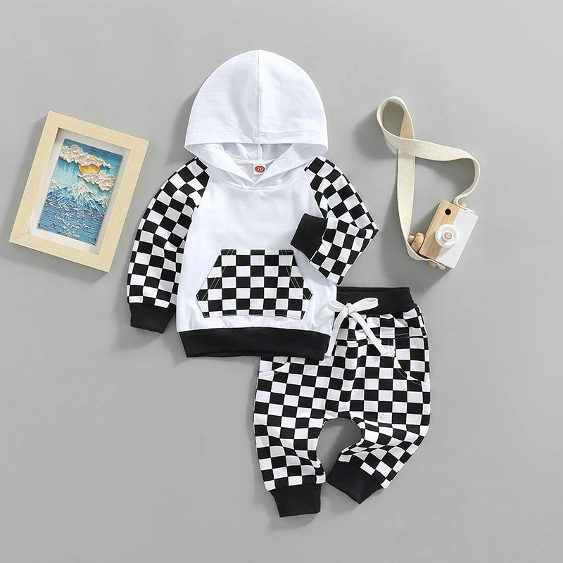 Lioraitiin 0-4Years Girl Boy Outfit 2Pcs Set Plaid Long Sleeve Hoodie