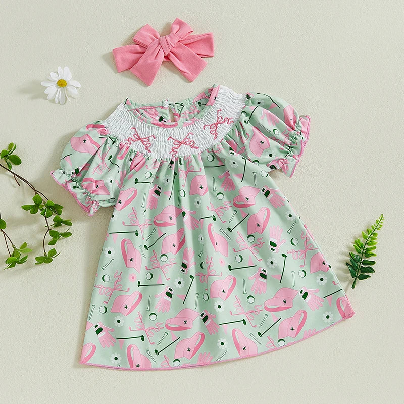 Lioraitiin Toddler Baby Girl Golf Outfit Bow Shirred Short Sleeve